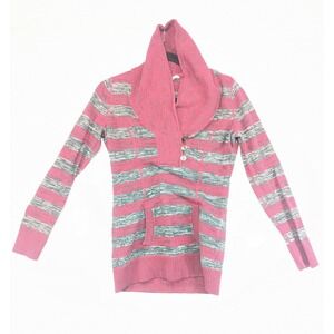 Guess Womens Pink Gray Striped Shawl Neck Pullover Sweater Kangaroo Pocket L